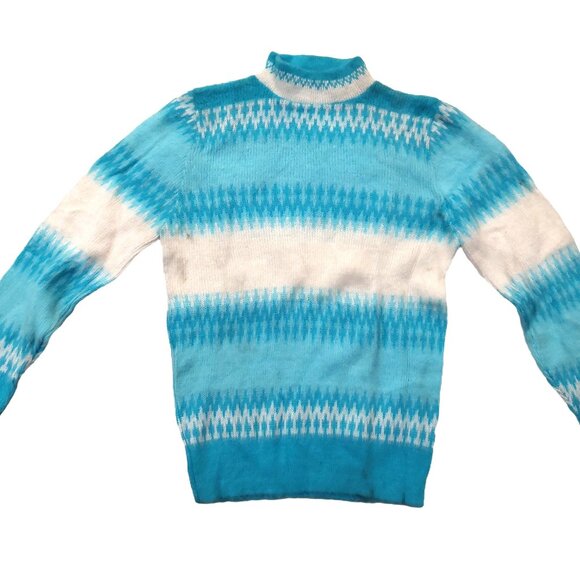 Vintage 1960s Turquoise Blue White Fair Isels Snow Flake Mock Turtleneck Sweater - Picture 3 of 10